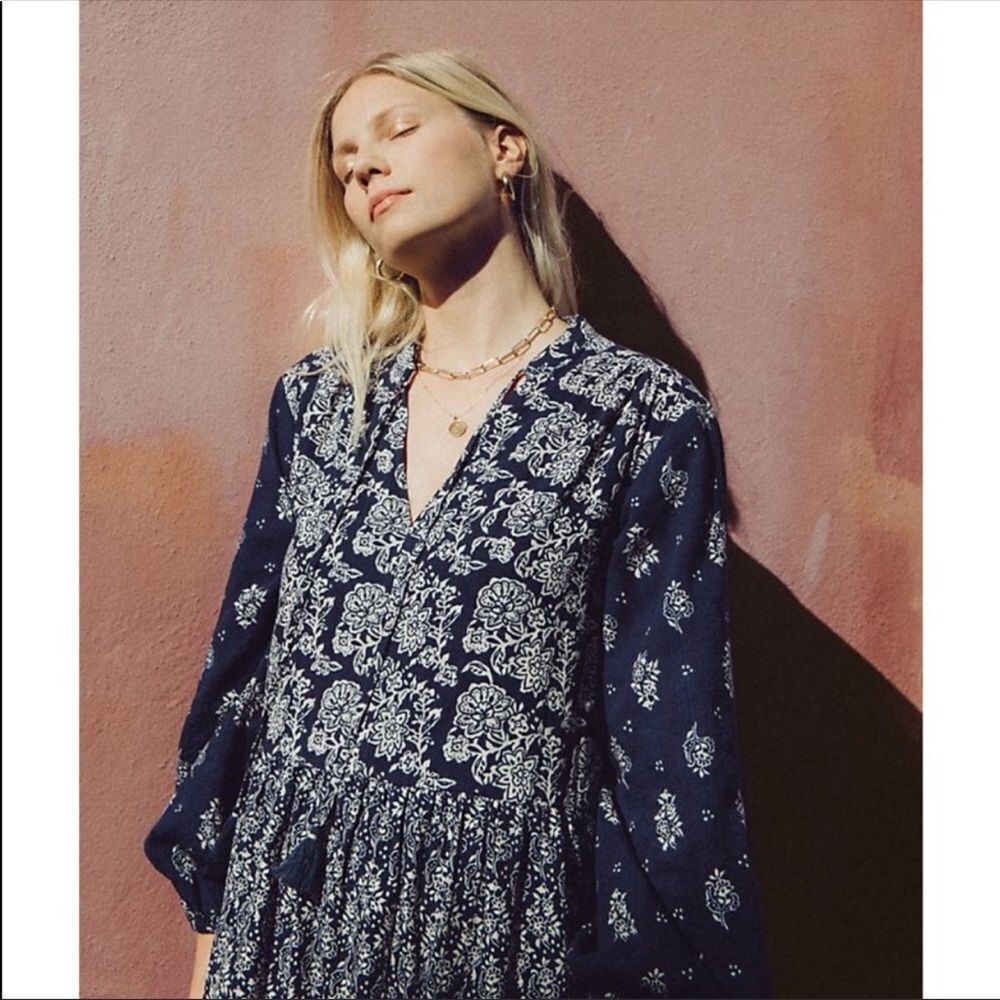 Anthropologie Blue Bandana Floral Mixed Print Tiered Tunic Dress Size XS NWT